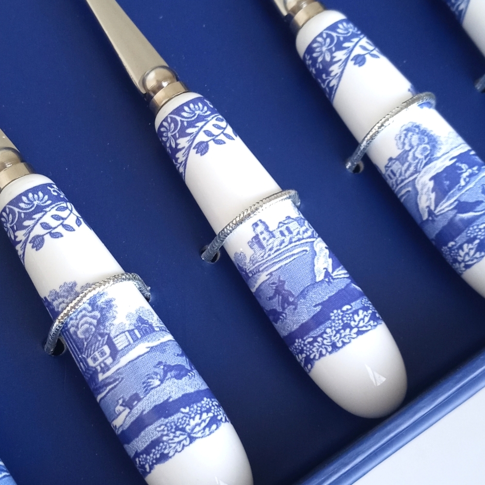 NIB Spode Blue Italian Silver & Floral Landscape Pastry Serving Forks Set Of 6 - Picture 3 of 13
